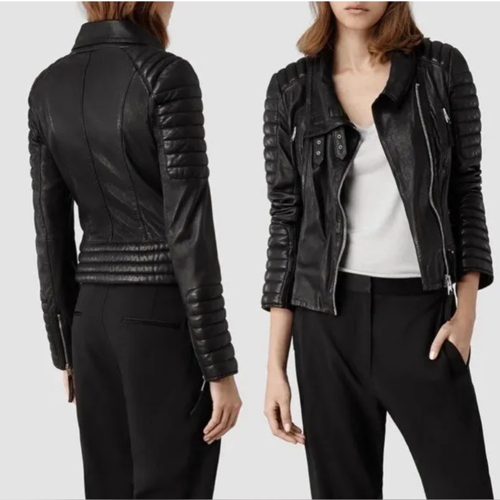 All Saints Steine Leather Biker Jacket Black US 6